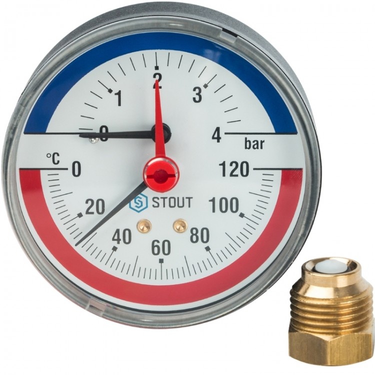 Термоманометр Stout аксиальный в комплекте с запорным клапаном, Dn 80 мм 1/2" 4 бар 120°С