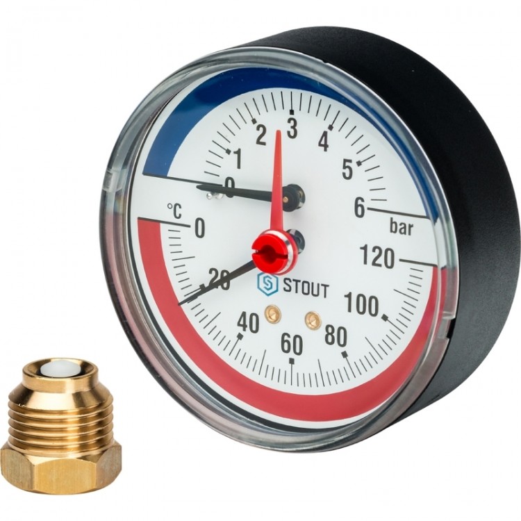 Термоманометр Stout аксиальный в комплекте с запорным клапаном, Dn 80 мм 1/2" 6 бар 120°С