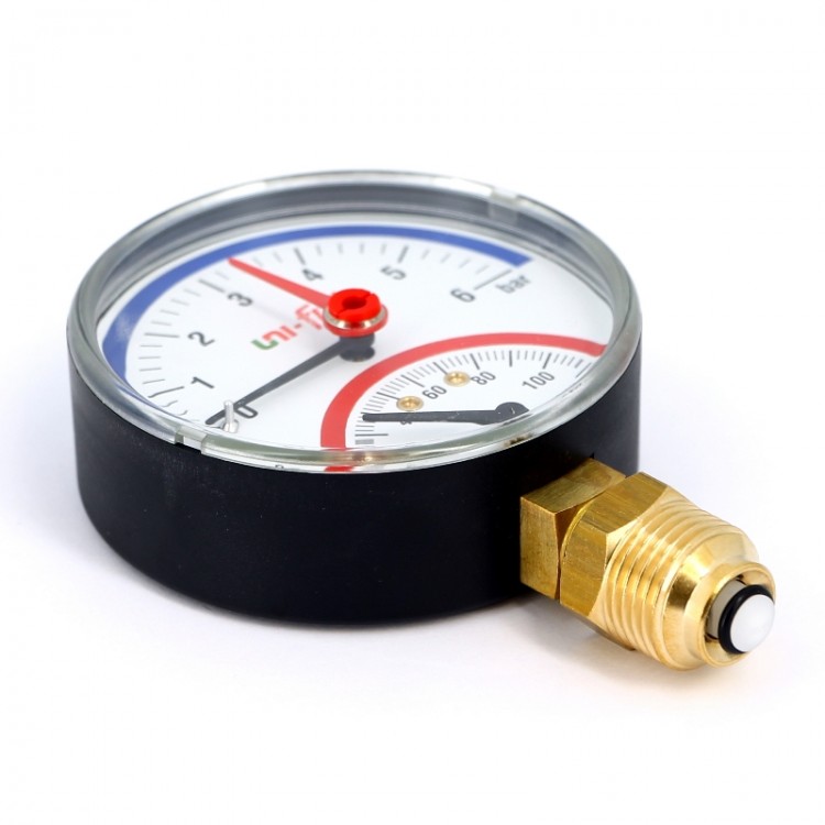 Термоманометр Uni-Fitt радиальный в комплекте с запорным клапаном, Dn 80 мм 1/2" 6 бар 120°С